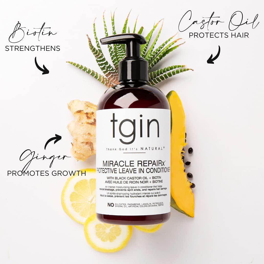 Tgin Miracle Repairx Protective Leave in Conditioner for Curly, Coily, and Wavy Hair, with Biotin and Black Castor Oil, Repairs and Restores Damaged, Color-Treated Hair, 13 Oz